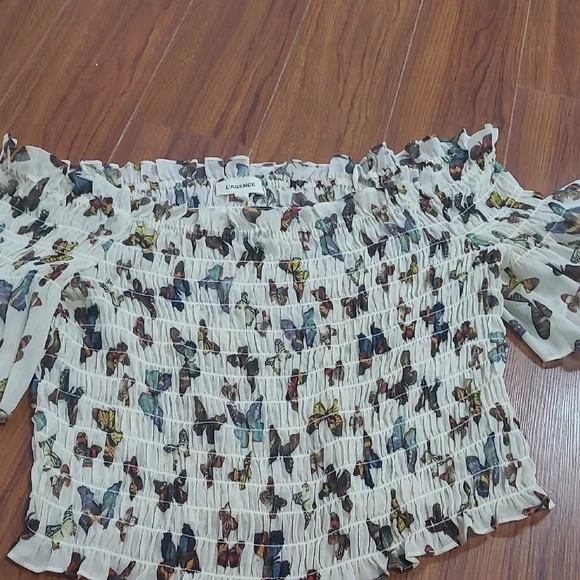 L'AGENCE White Multicolor Butterfly Smocked Top - Picture 2 of 2